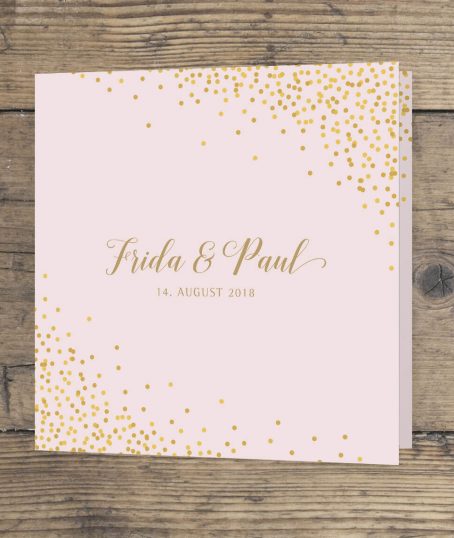 Hochzeitseinladung Quadrat Klappkarte vorderseite in rosa gold veredelt geschwungene Schrift